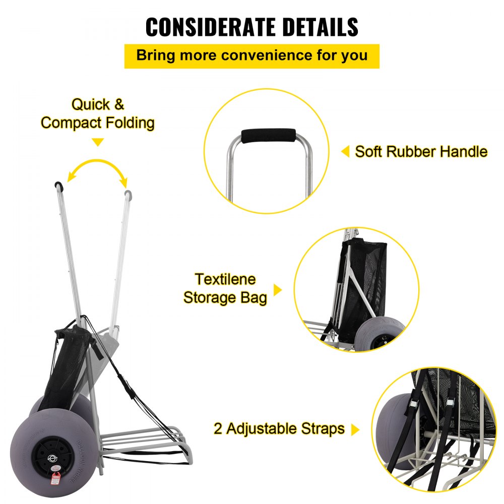 VEVOR Opvouwbare Handkar 75 kg Laadvermogen Opvouwbare Transportwagen 68x35,5x125 cm Strandkar van een Aluminium Buis, Roestvrij Staal en Ijzer met 75 tot 125 cm Verstelbare Hoogte, 33 cm Strandwielen