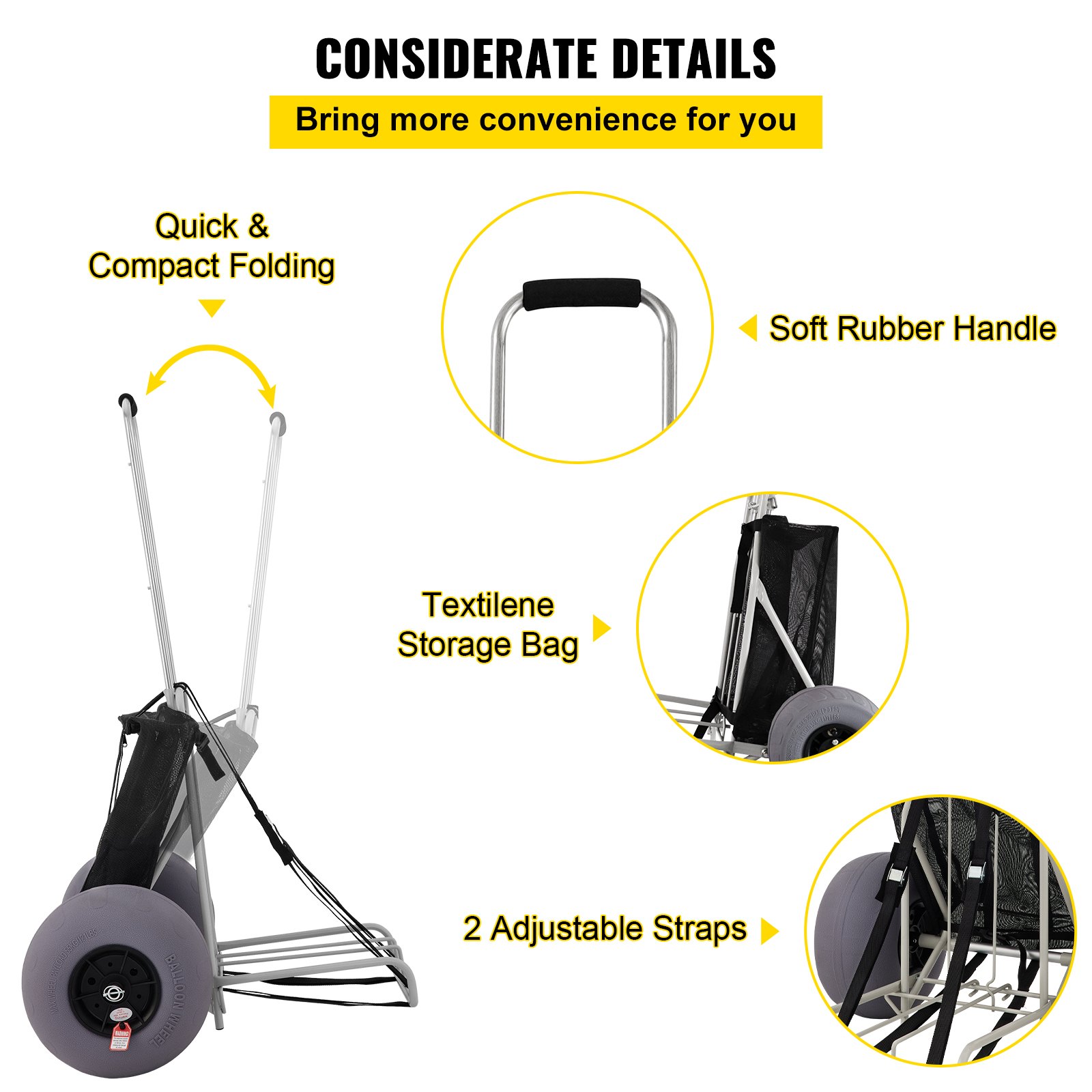 VEVOR Opvouwbare Handkar 75 kg Laadvermogen Opvouwbare Transportwagen 68x35,5x125 cm Strandkar van een Aluminium Buis, Roestvrij Staal en Ijzer met 75 tot 125 cm Verstelbare Hoogte, 33 cm Strandwielen