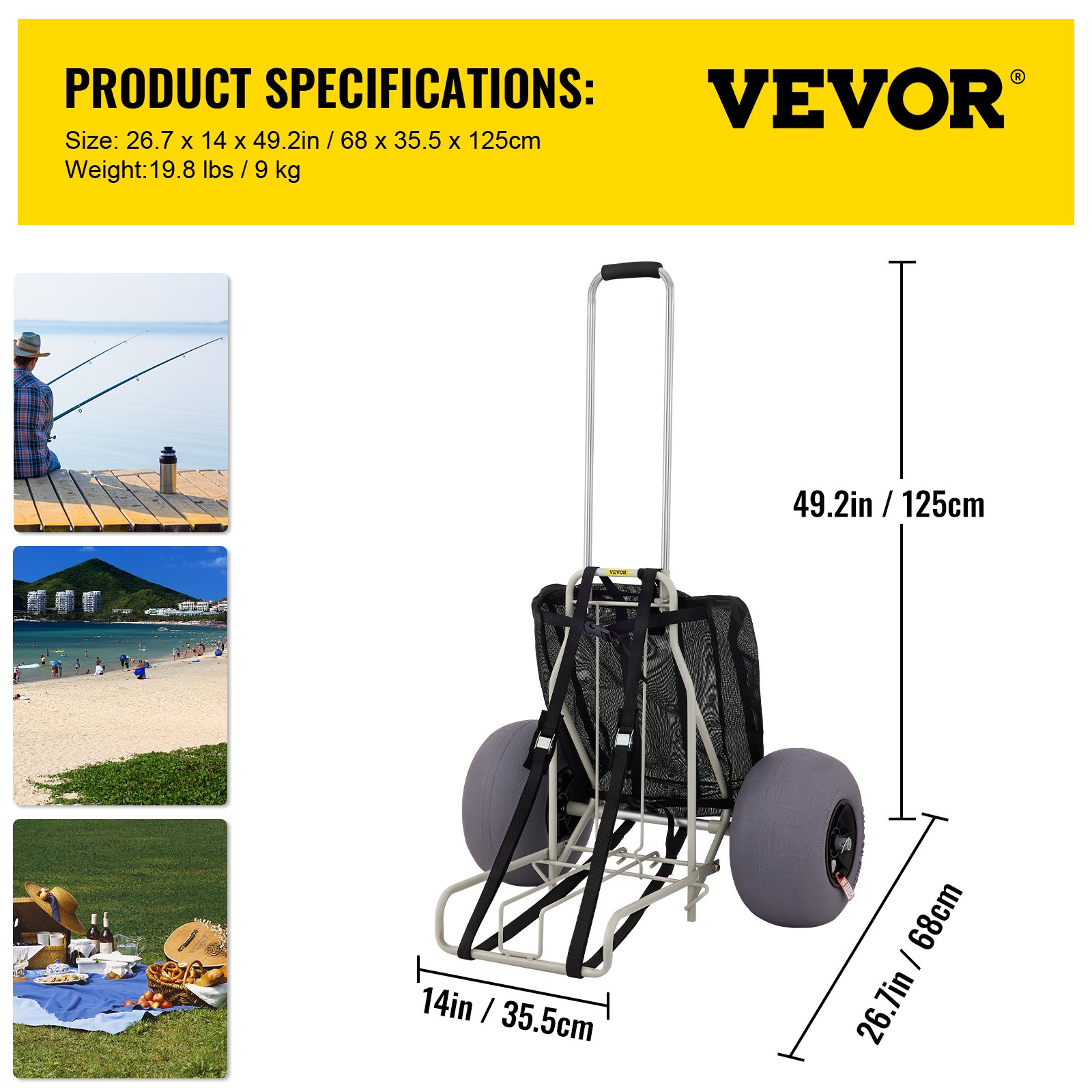 VEVOR Opvouwbare Handkar 75 kg Laadvermogen Opvouwbare Transportwagen 68x35,5x125 cm Strandkar van een Aluminium Buis, Roestvrij Staal en Ijzer met 75 tot 125 cm Verstelbare Hoogte, 33 cm Strandwielen