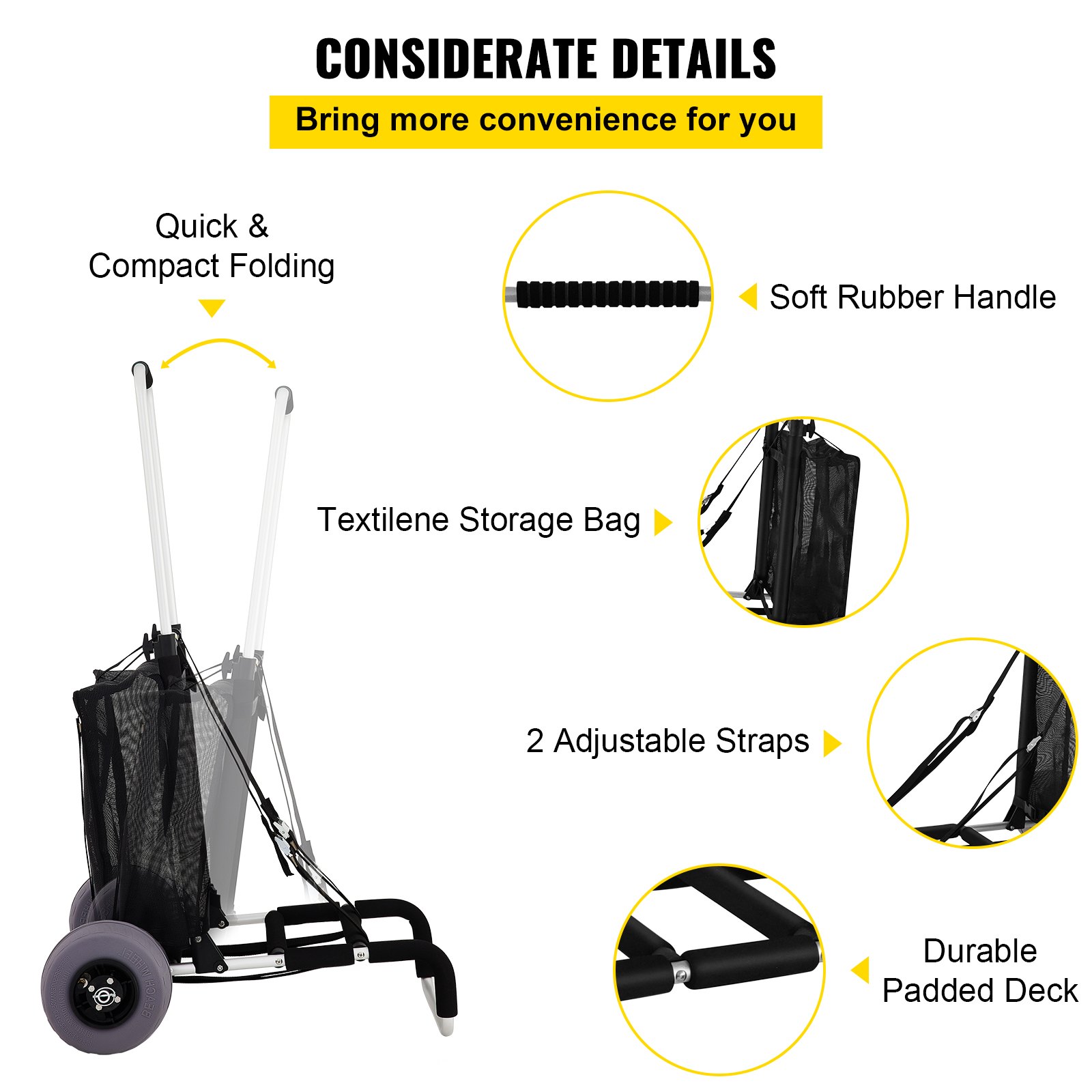 VEVOR Beach Carts for Sand, with 10\" PVC Balloon Wheels, 15\" x 15\" Cargo Deck, 165LBS Loading Capacity Folding Sand Cart & 31.1\" to 49.6\" Adjustable Height, Aluminum Cart for Picnic, Fishing, Bea