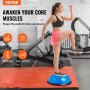 woman exercising with VEVOR balance ball trainer in gym, promoting core muscle workouts and cool downs.