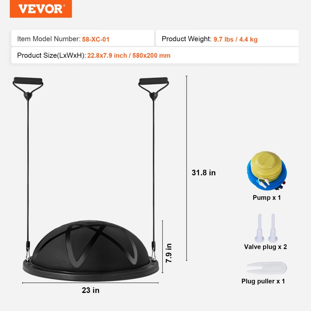 VEVOR Halve oefenbaltrainer, 23-inch balansbaltrainer, stabiliteitsbal met een capaciteit van 660 lbs, yogabal met weerstandsbanden en pomp, krachttrainingsbal voor thuisgym, full body workout, zwart