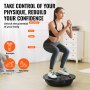 person balancing on a VEVOR balance ball trainer highlighting workout benefits for shoulders, arms, back, thighs.