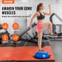 woman exercising on VEVOR balance ball trainer in gym with icons for cool downs, rehabilitation, warm ups, daily workouts.