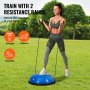 woman exercising with two resistance bands on VEVOR balance ball trainer in a park, promoting strength, balance, and flexibility.