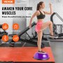 person using VEVOR half exercise ball trainer in gym for core workout, on red mat with fitness icons.