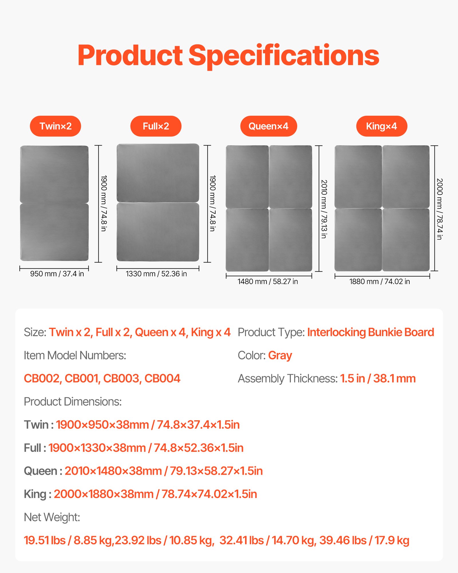 VEVOR Bunkie Boards voor queensize bedden 2010x1480x38mm, 4-delig, Bunkie Board voor lattenbodem, bedondersteunende latten met 200D Oxford-stof, houten matrastopper, matrasbodem, grijs