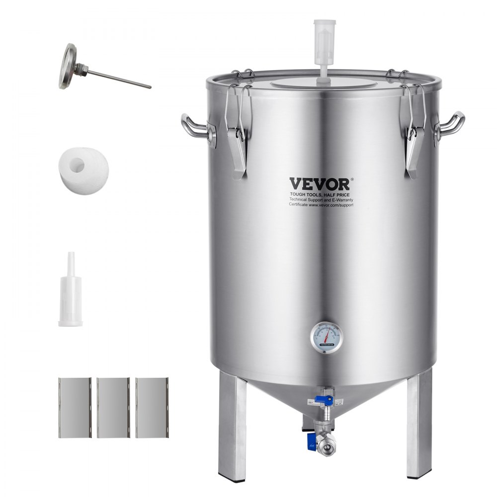 VEVOR beer brew fermentor with thermometer, lid, and assorted brewing accessories. stainless steel.