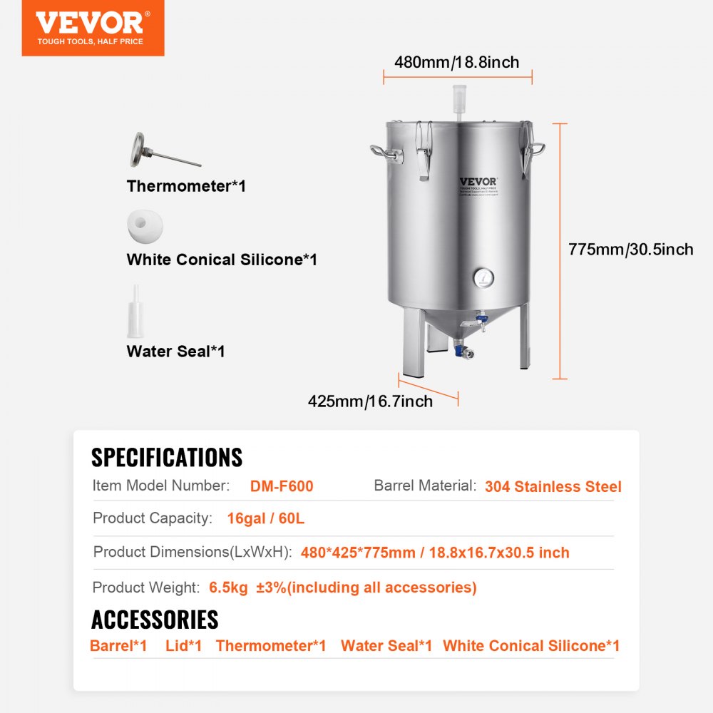 VEVOR Bierbrouwsysteem Bierbrouwapparaat Ketel van roestvrij staal 60 L Biergistvat, brouwemmergistvat voor brouwen, thuisbrouwaccessoires met voetstuk, Ketel, soeppan inclusief deksel, handvat, ventiel, kraan
