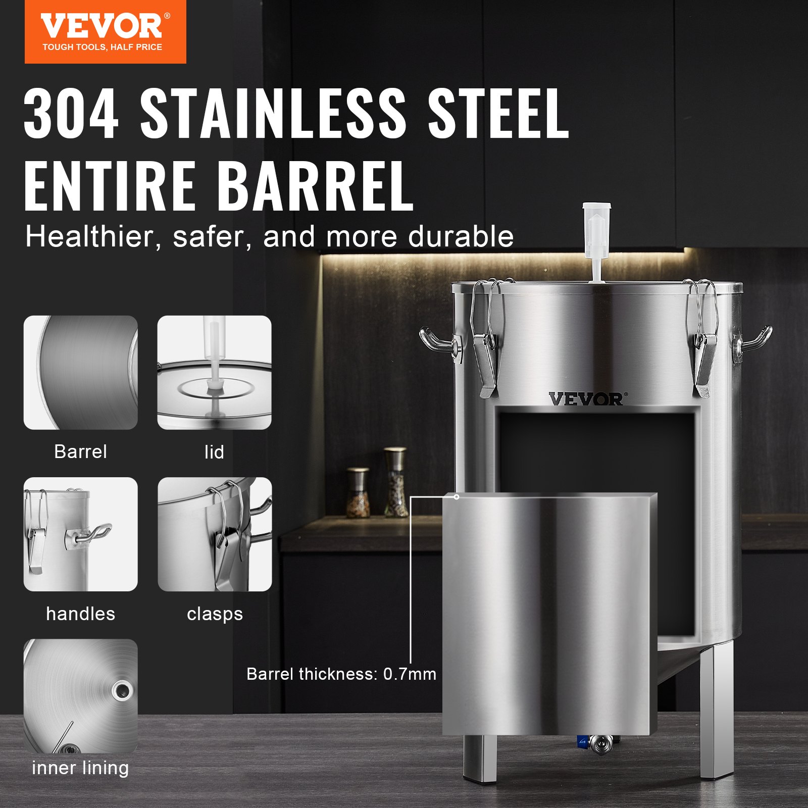VEVOR Bierbrouwsysteem Bierbrouwapparaat Ketel van roestvrij staal 60 L Biergistvat, brouwemmergistvat voor brouwen, thuisbrouwaccessoires met voetstuk, Ketel, soeppan inclusief deksel, handvat, ventiel, kraan