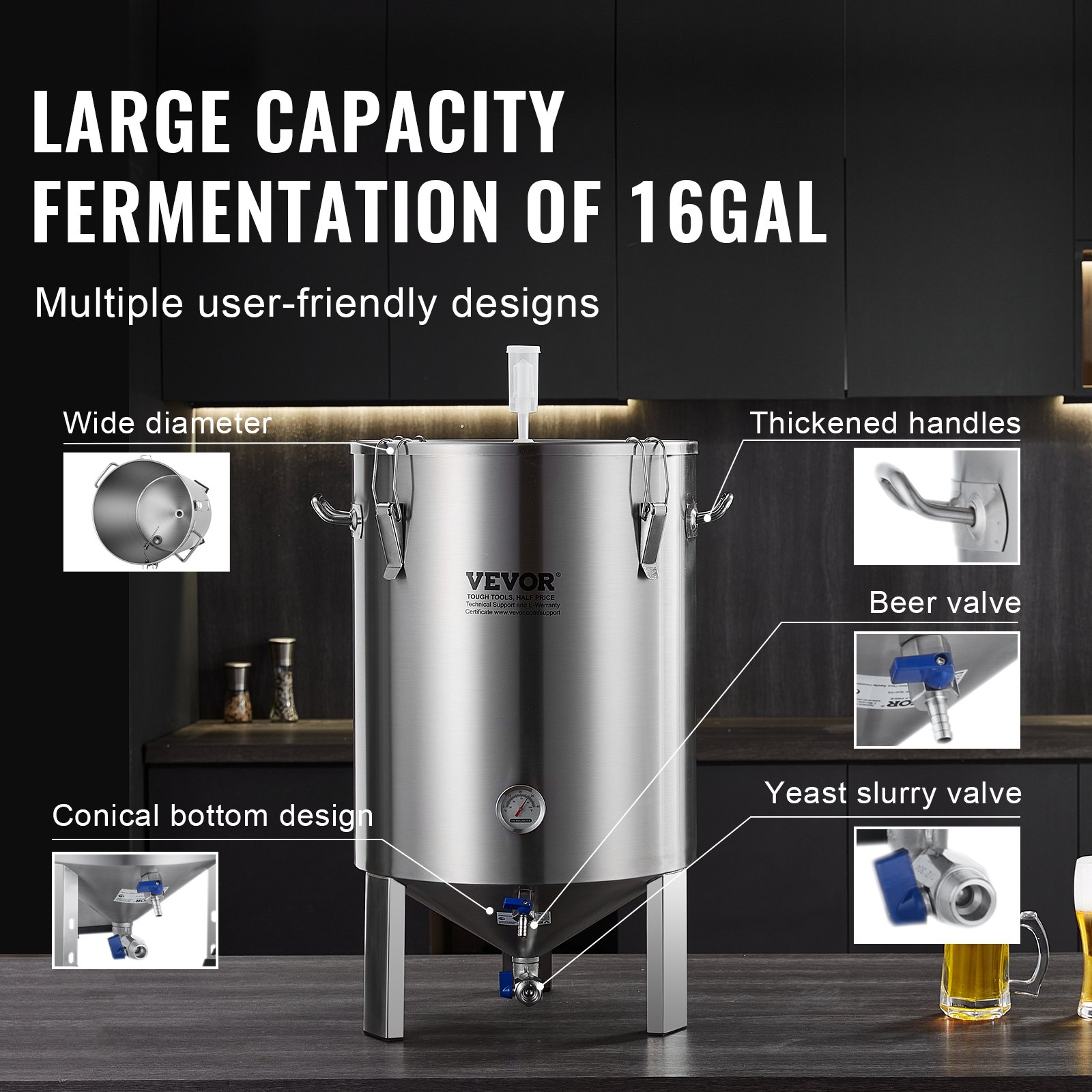 VEVOR Bierbrouwsysteem Bierbrouwapparaat Ketel van roestvrij staal 60 L Biergistvat, brouwemmergistvat voor brouwen, thuisbrouwaccessoires met voetstuk, Ketel, soeppan inclusief deksel, handvat, ventiel, kraan
