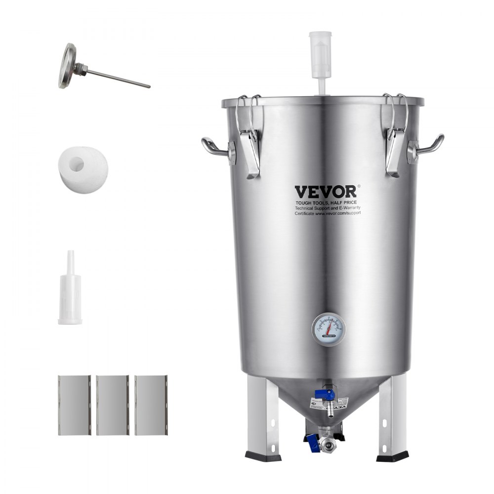 VEVOR 8 gallon beer brew kettle with accessories including thermometer and airlock.