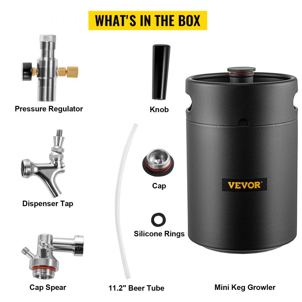 VEVOR Beer Growler Tap System, 170Oz Mini Keg, 5L Pressurized Beer Growler, 304 Stainless Steel Mini Keg Growler, Comes with Dual Pressure Display CO2 Regulator Faucet 20" Beer Hose Relief Ring, Black