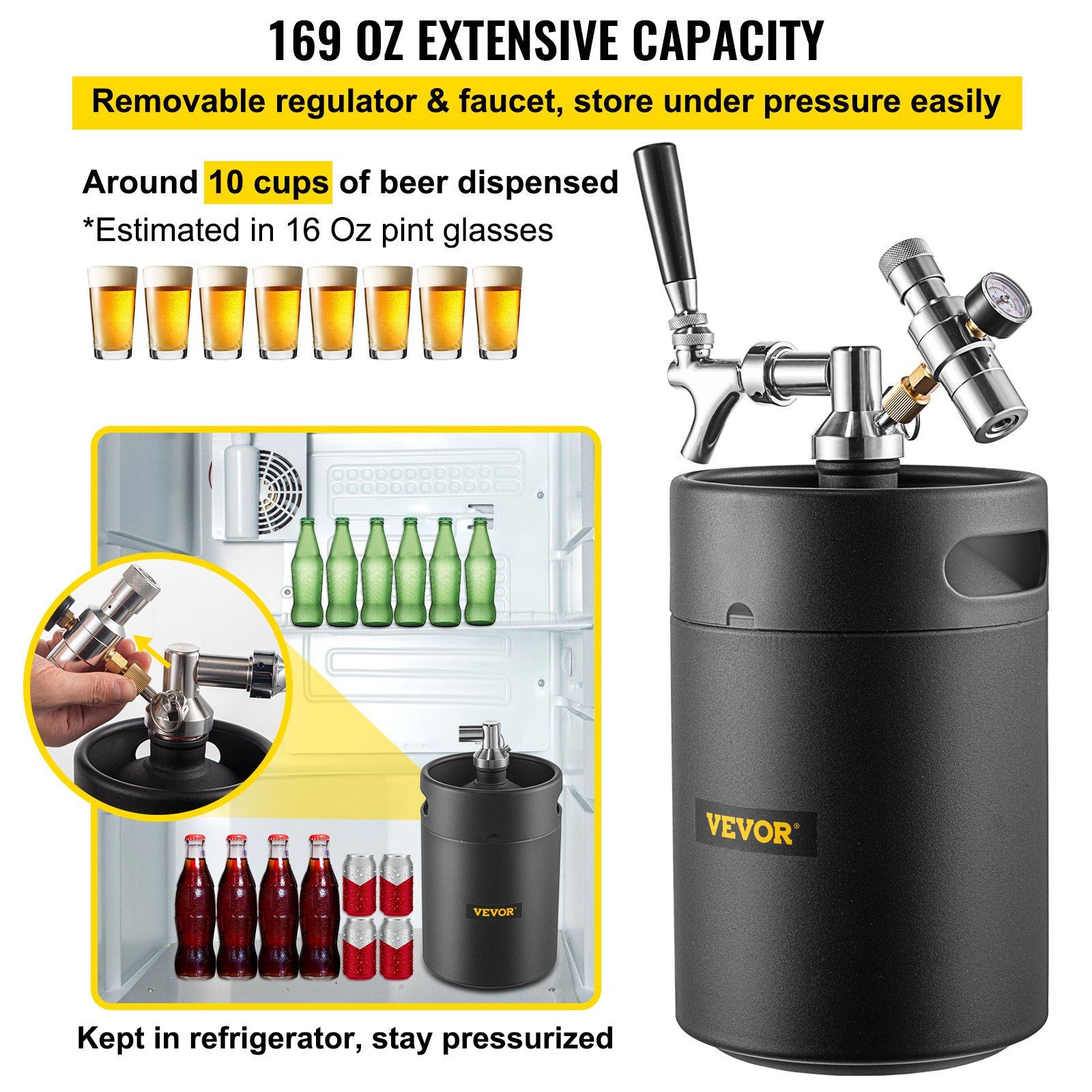 VEVOR Beer Growler Tap System, 170Oz Mini Keg, 5L Pressurized Beer Growler, 304 Stainless Steel Mini Keg Growler, Comes with Dual Pressure Display CO2 Regulator Faucet 20" Beer Hose Relief Ring, Black
