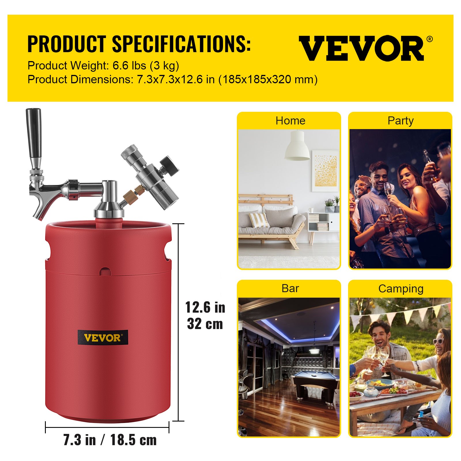 VEVOR Mini Biervat 170 Oz Roestvrijstalen Biervat 5L Mini-growler onder druk 304 Rvs Mini Keg Growler Wordt Geel geleverd met Dual Pressure Display