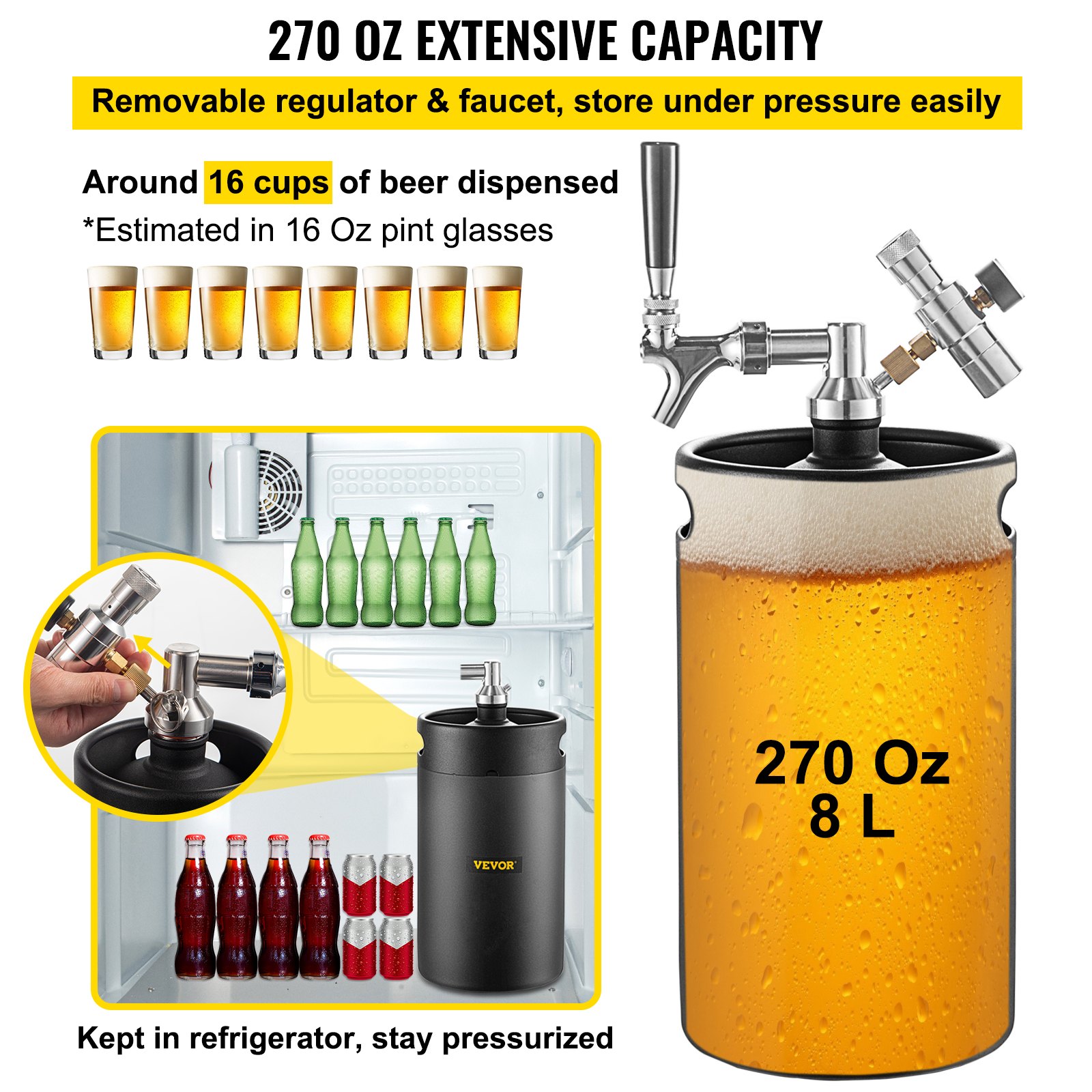 VEVOR Mini-biervatsysteem met Druk 8 L Zwart Bierkraan Gemaakt van 304 Roestvrij Staal 186x355 mm Biertapsysteem met CO2-drukregelaar, PSI en BAR Dubbele Weergave Perfect voor Thuis Bar Party Camping
