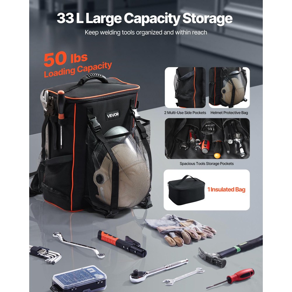 VEVOR Welding Backpack, 35.6L Welder Backpack for Tools and Helmet, 600D Polyester Extreme Gear Pack with Helmet Catch Bag, Multi-Purpose Gear Storage Bag for Welding, Outdoor Camping, Mountaineering