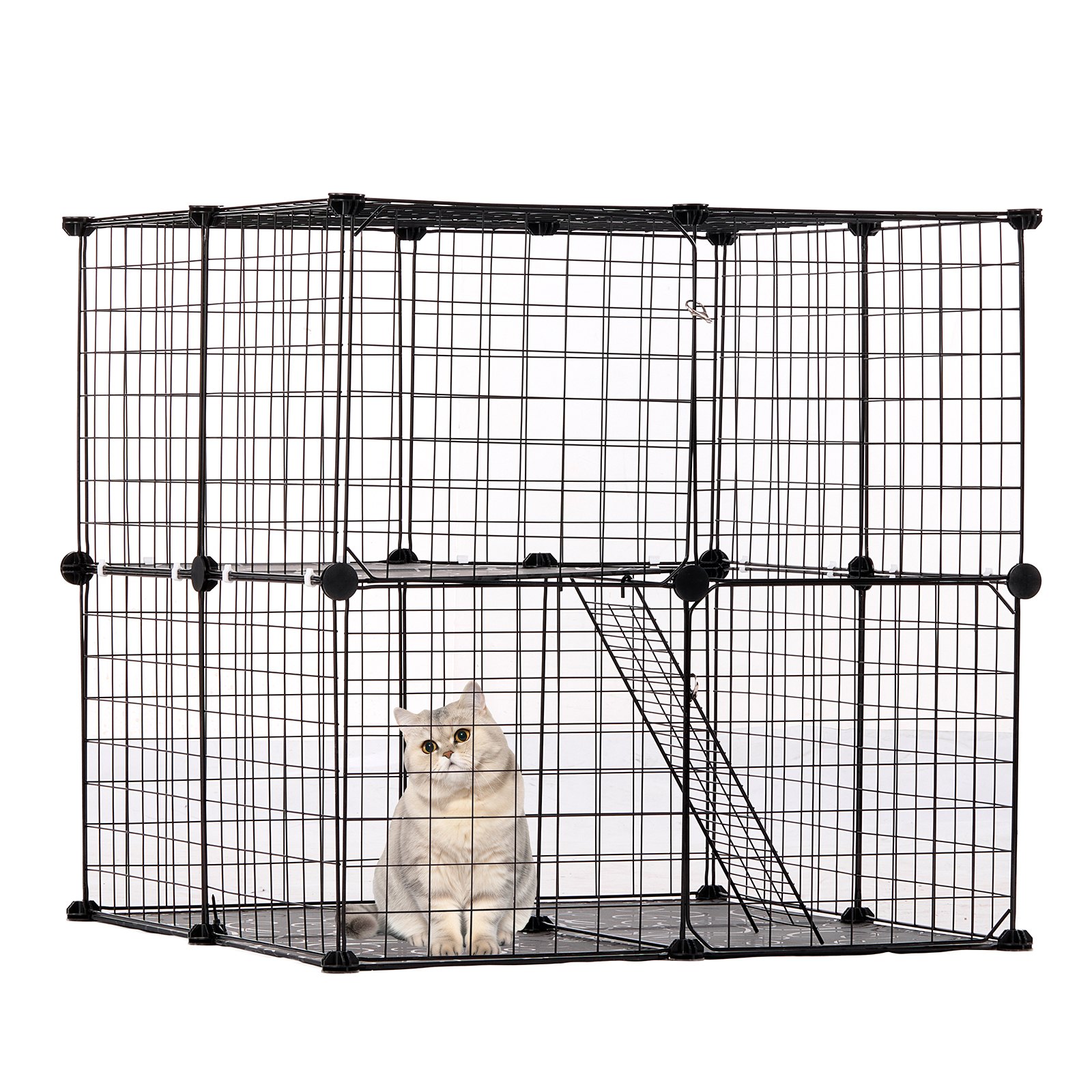 VEVOR Large 2-tier Cat Cage, 28 x 28 x 28", DIY Detachable Metal Wire Cat Enclosure, with Ramp Ladder Adjustable Resting Platform, Crate Large Indoor ＆ Outdoor Exercise Place for Small Animals, Black