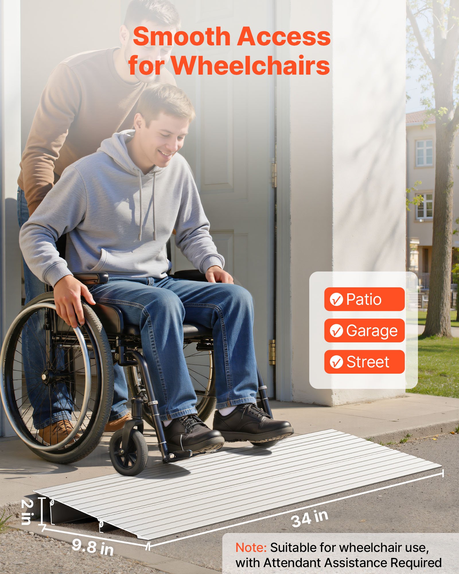 VEVOR Drempelhelling, 296x864x59 mm, rolstoelhelling van aluminiumlegering met een draagvermogen van 360 kg, stoeprandhelling voor thuisgebruik, geschikt voor rolstoelen, scooters, looprekken, fietsen en driewielers.