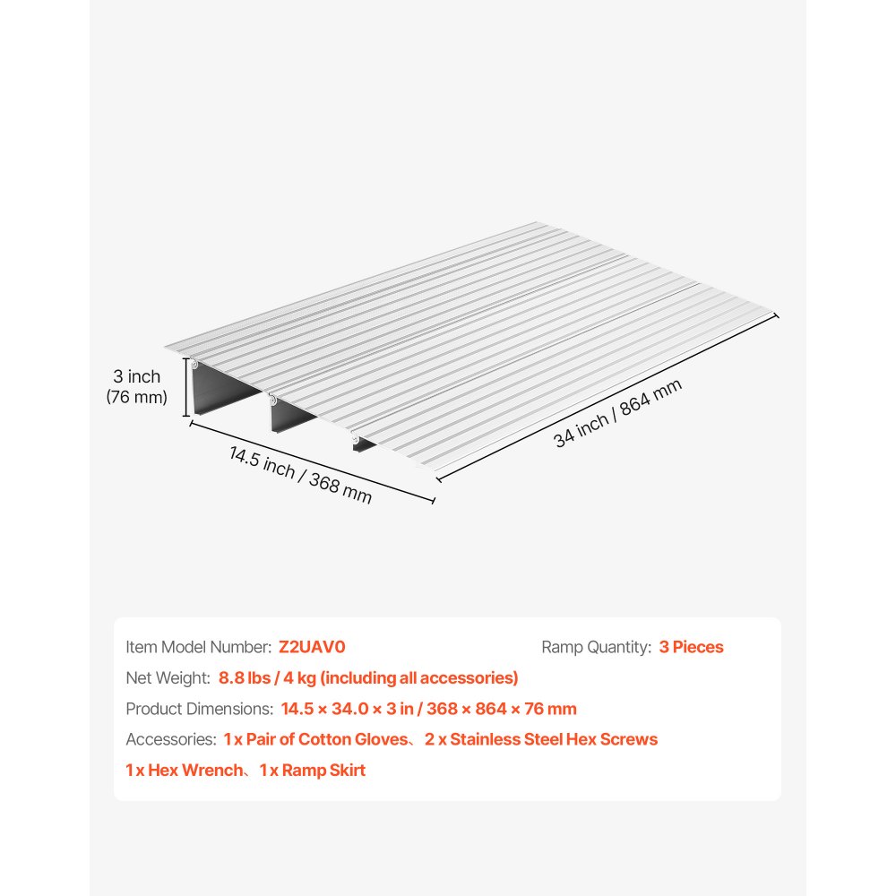 VEVOR Drempelhelling, 423x864x87 mm, rolstoelhelling van aluminiumlegering met een draagvermogen van 360 kg, stoeprandhelling voor thuisgebruik, geschikt voor rolstoelen, scooters, looprekken, fietsen en driewielers.