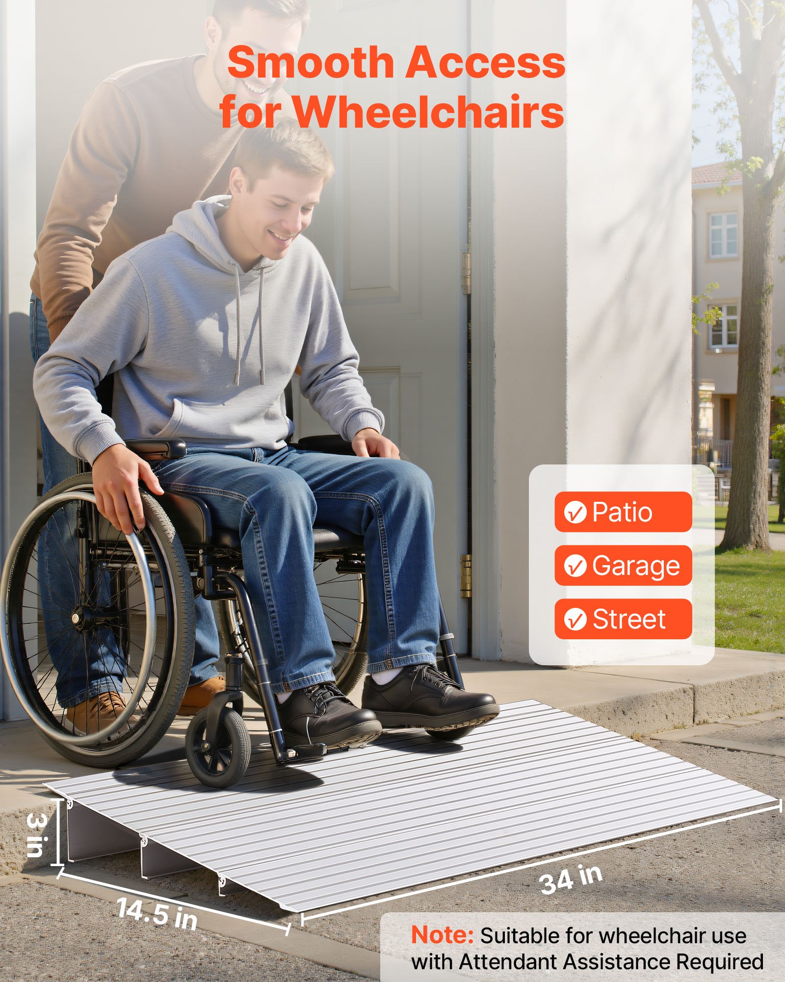 VEVOR Drempelhelling, 423x864x87 mm, rolstoelhelling van aluminiumlegering met een draagvermogen van 360 kg, stoeprandhelling voor thuisgebruik, geschikt voor rolstoelen, scooters, looprekken, fietsen en driewielers.