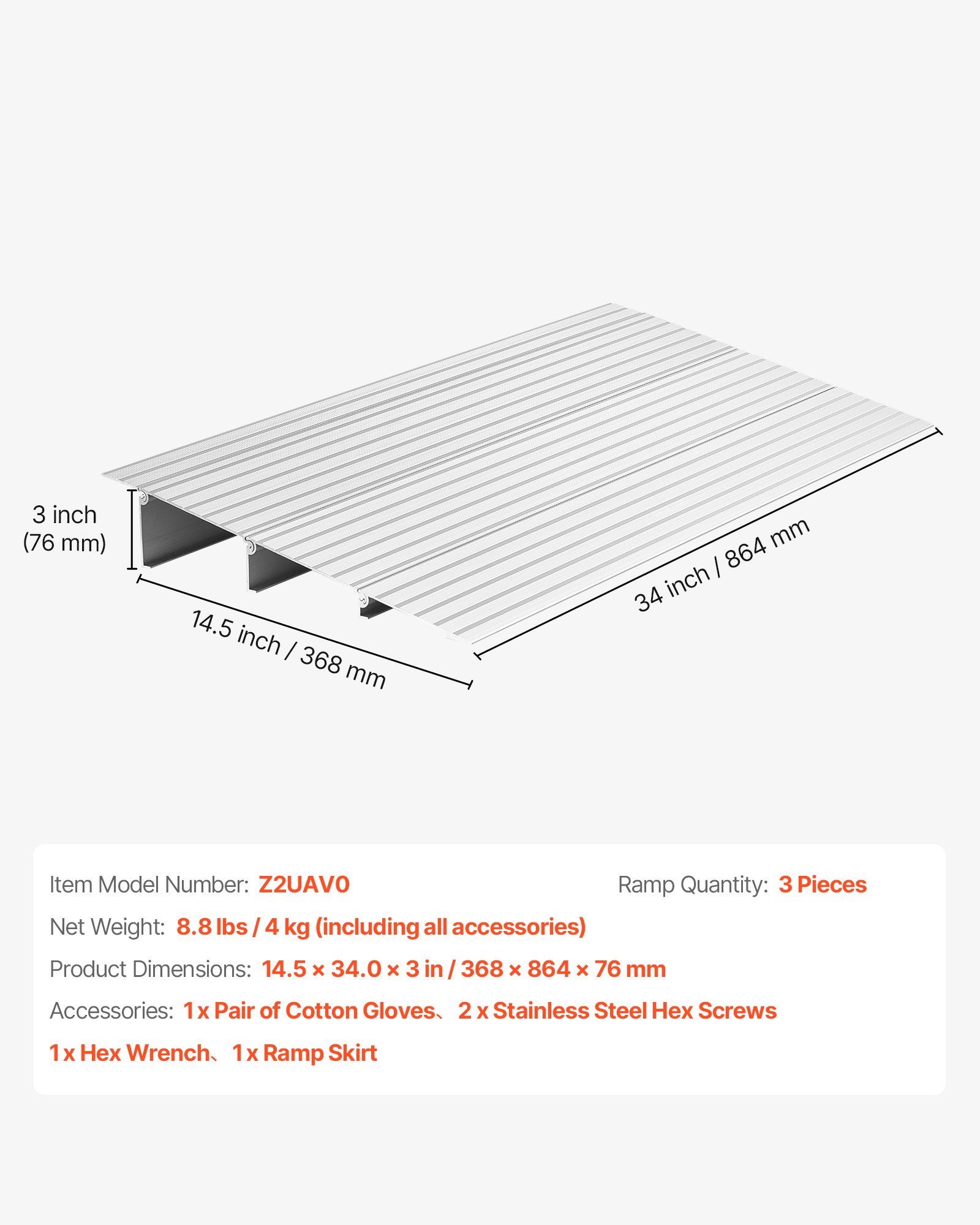 VEVOR Drempelhelling, 423x864x87 mm, rolstoelhelling van aluminiumlegering met een draagvermogen van 360 kg, stoeprandhelling voor thuisgebruik, geschikt voor rolstoelen, scooters, looprekken, fietsen en driewielers.