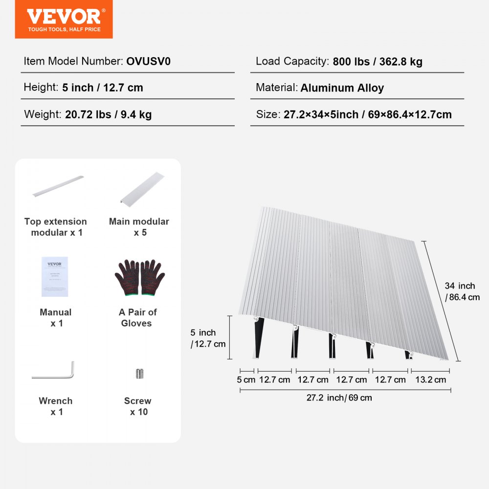 VEVOR Deurdrempelhelling 69 x 86,4 x 12,7 cm Rolstoelhelling 362,8 kg Draagvermogen Aluminiumlegering Stoephelling Modulair ontwerp Drempelhelling Antislip aluminium oprijplaat Oprijplaat