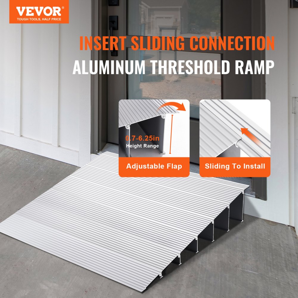 VEVOR Drempelhelling 69 x 86,4 x 15,2 cm Rolstoelhelling Draagvermogen van 362,8 kg Aluminiumlegering Stoephelling Modulair ontwerp Drempelhelling Antislip aluminium oprijplaat Oprijplaat