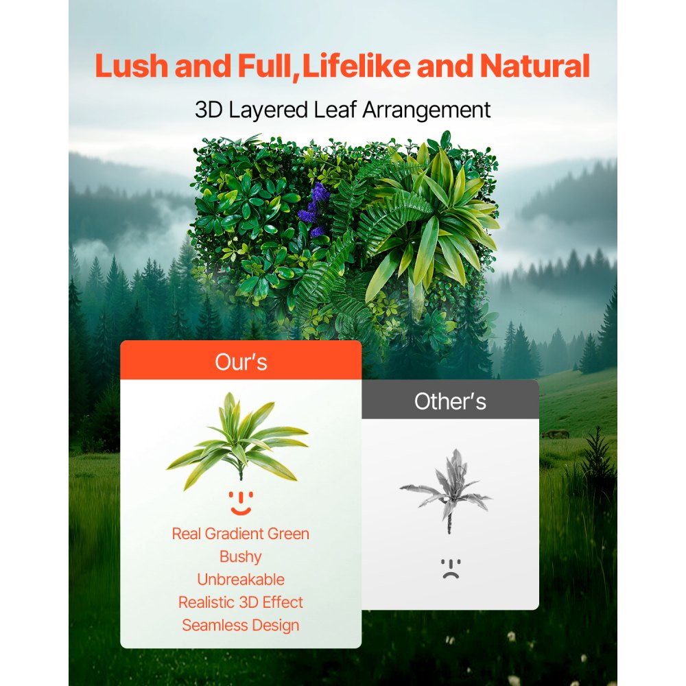 VEVOR Kunstplantenwand, 8 stuks, 500x500x50 mm, 3D-combinatie van groene buxuspanelen, groene decoratie en klimophekbedekking, privacyscherm als achtergrondmuur, haagbescherming voor de tuin