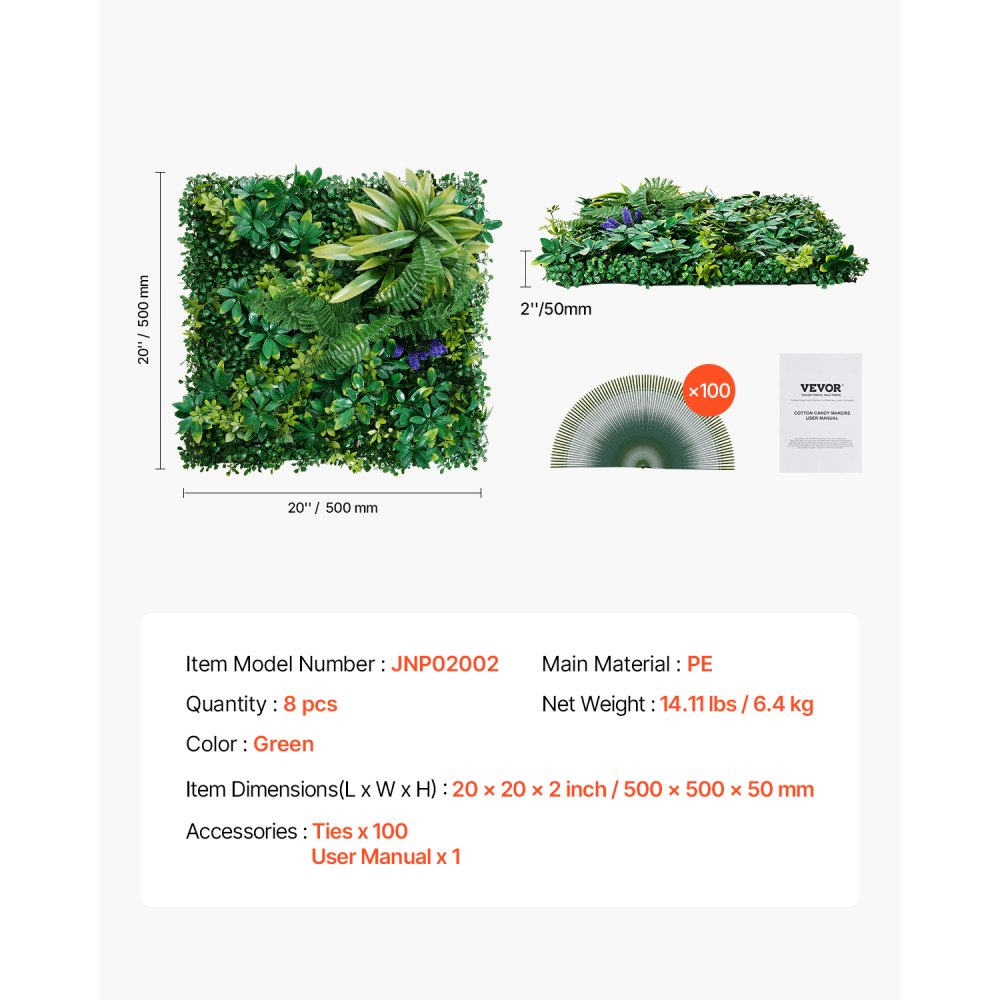VEVOR Kunstplantenwand, 8 stuks, 500x500x50 mm, 3D-combinatie van groene buxuspanelen, groene decoratie en klimophekbedekking, privacyscherm als achtergrondmuur, haagbescherming voor de tuin