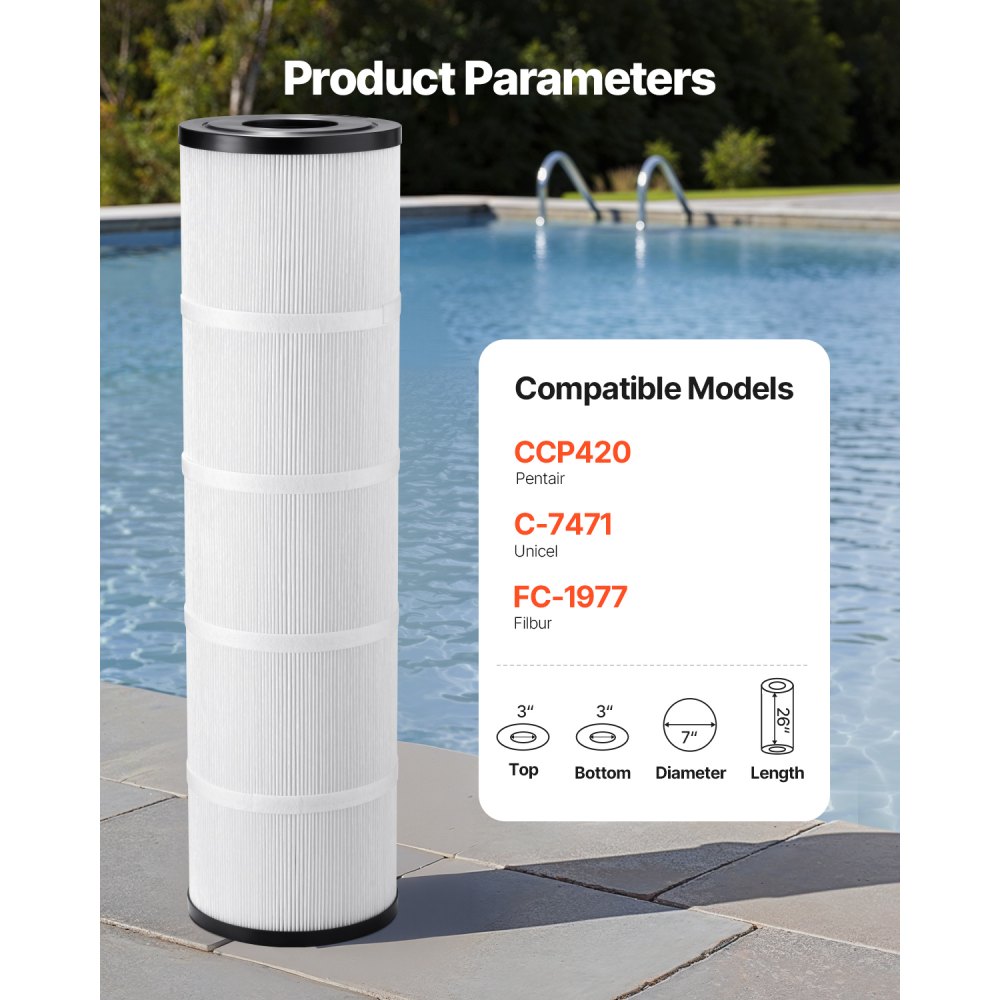 VEVOR zwembadfilterpatroon, 4 stuks, vervangingsfilter 9,8 m², waterfilter, zwembadfilter compatibel met Pentair CCP420, Pleatco PCC80-PAK4l, veilig voor kinderen en huisdieren, gemakkelijk schoon te maken