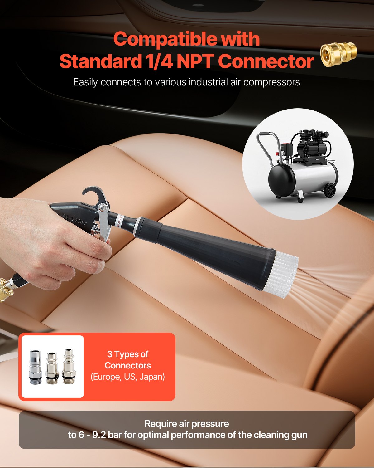 VEVOR Car Cleaning Gun, 6-9.2 Bar High-Pressure Air Blow Gun with 2 Set Nozzles, 360° Rotating Nozzle for Complete Cleaning, Quickly Blasts Dirt and Dust from Surface, Work with 1/4 NPT Air Compressor