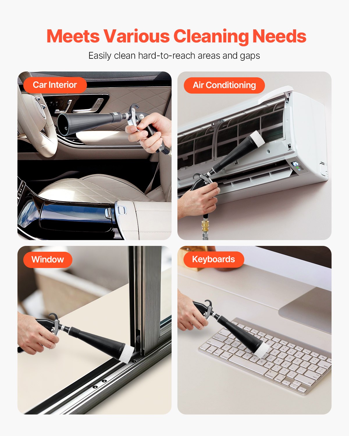 VEVOR Car Cleaning Gun, 6-9.2 Bar High-Pressure Air Blow Gun with 2 Set Nozzles, 360° Rotating Nozzle for Complete Cleaning, Quickly Blasts Dirt and Dust from Surface, Work with 1/4 NPT Air Compressor