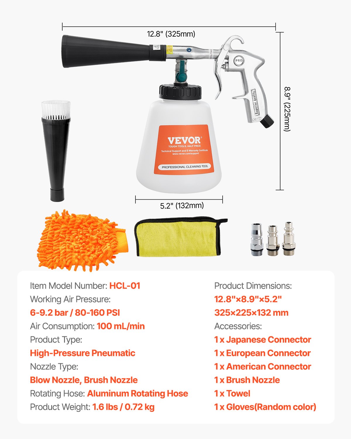 VEVOR persluchtreinigingspistool, 6–9,2 bar hogedruk luchtblaaspistool met 2 sproeiers en 1 liter vloeistoffles, waspistool, autoreinigingspistool, geschikt voor 1/4 NPT luchtcompressor