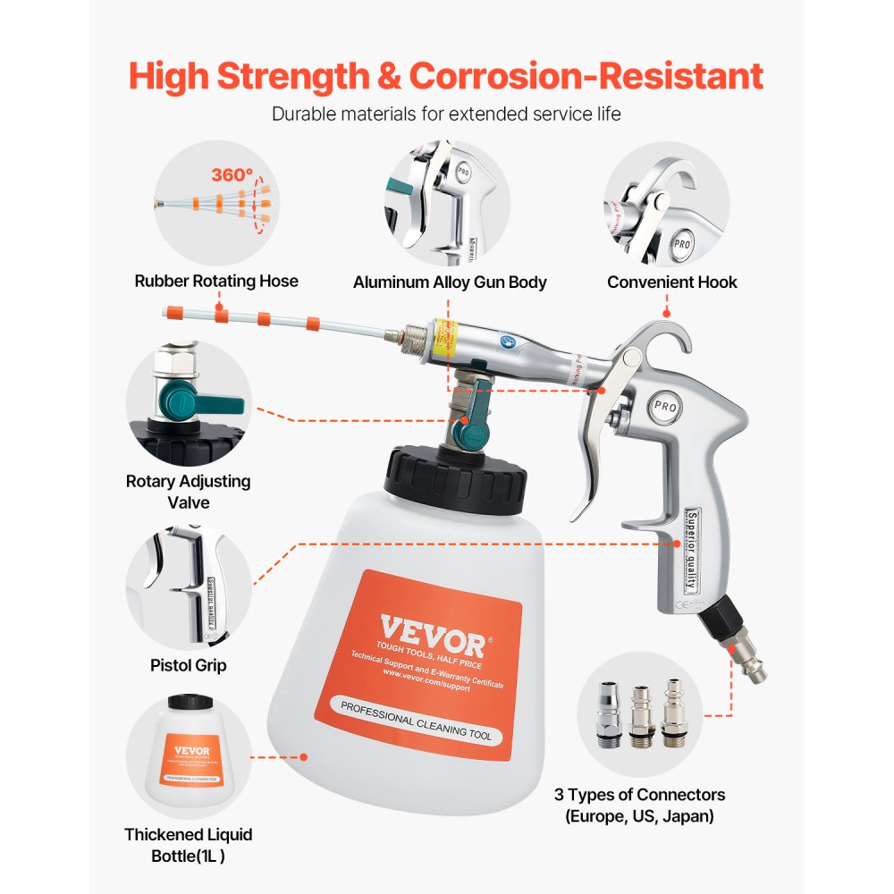 VEVOR Autoreinigingspistool, 6–9,2 Bar Waspistool met 2 Sproeiers & 1 Liter Vortex Reinigingspistool, Persluchtblaaspistool, Compatibel met 1/4 NPT Luchtcompressor