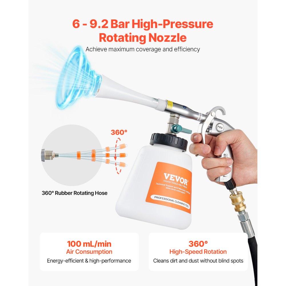 VEVOR Autoreinigingspistool, 6–9,2 Bar Waspistool met 2 Sproeiers & 1 Liter Vortex Reinigingspistool, Persluchtblaaspistool, Compatibel met 1/4 NPT Luchtcompressor