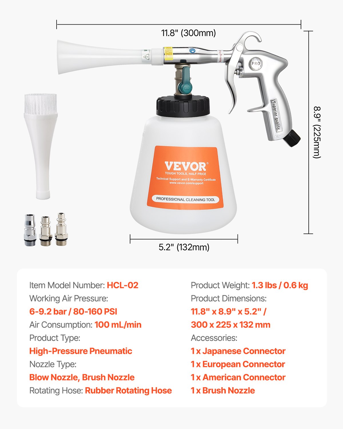 VEVOR Autoreinigingspistool, 6–9,2 Bar Waspistool met 2 Sproeiers & 1 Liter Vortex Reinigingspistool, Persluchtblaaspistool, Compatibel met 1/4 NPT Luchtcompressor