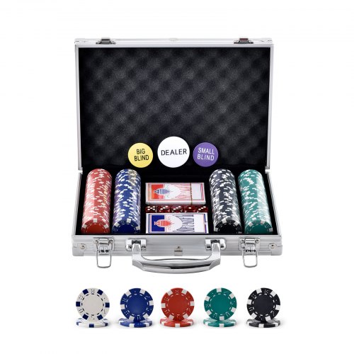 VEVOR kunststof pokerchipset, 200-delige pokerset, ongemerkt, pokerspelset met aluminium pokerkoffer, kaarten, buttons en dobbelstenen, complete set voor 6-7 spelers voor Texas Hold'em, Blackjack etc.