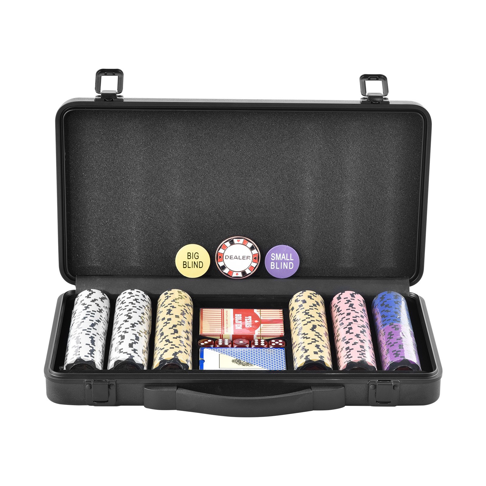 VEVOR Pokerchipset, 300-delige pokerset, complete pokerset van klei met ABS pokerkoffer, kaarten, buttons en dobbelstenen, complete set voor 7-8 spelers voor Texas Hold'em, Blackjack, gokken etc.