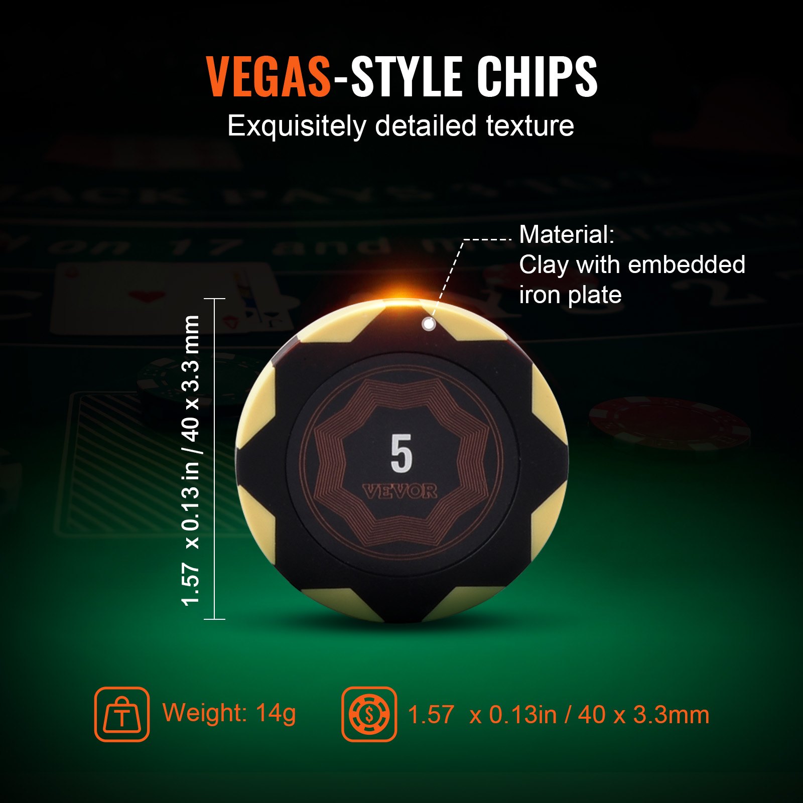 VEVOR Pokerchipset, 500-delige pokerset, complete pokerset van klei met ABS pokerkoffer, kaarten, buttons en dobbelstenen, complete set voor 9-10 spelers voor Texas Hold'em, Blackjack, gokken etc.