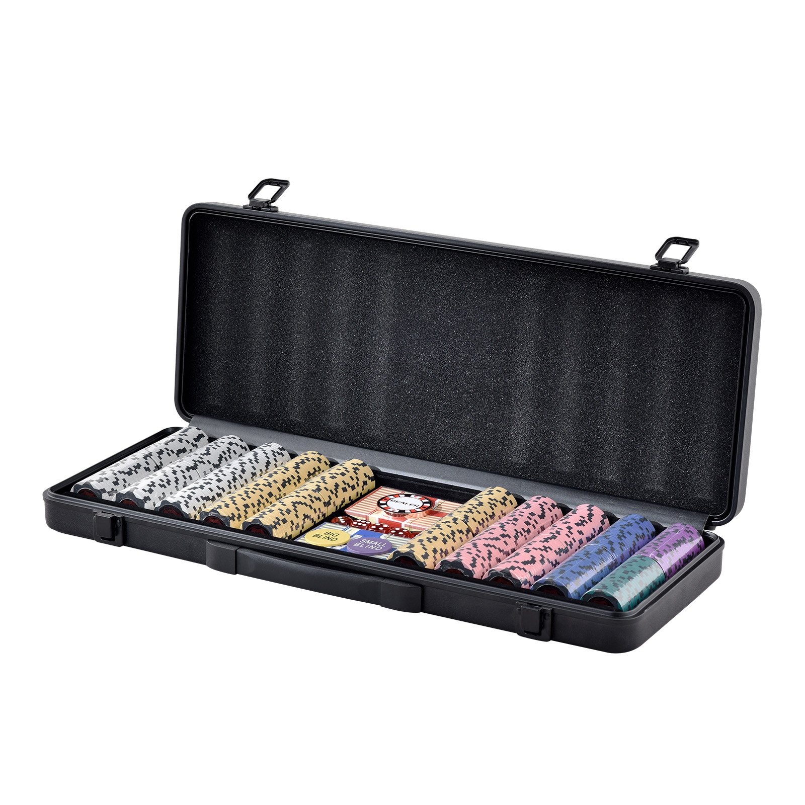VEVOR Pokerchipset, 500-delige pokerset, complete pokerset van klei met ABS pokerkoffer, kaarten, buttons en dobbelstenen, complete set voor 9-10 spelers voor Texas Hold'em, Blackjack, gokken etc.