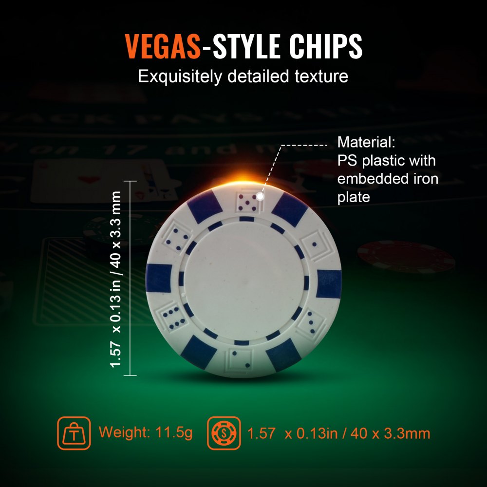 VEVOR Pokerchipset, 500-delige pokerset, ongemarkeerd, pokerspelset met aluminium pokerkoffer, kaarten, buttons en dobbelstenen, complete set voor 9-10 spelers voor Texas Hold'em, Blackjack, gokken etc.