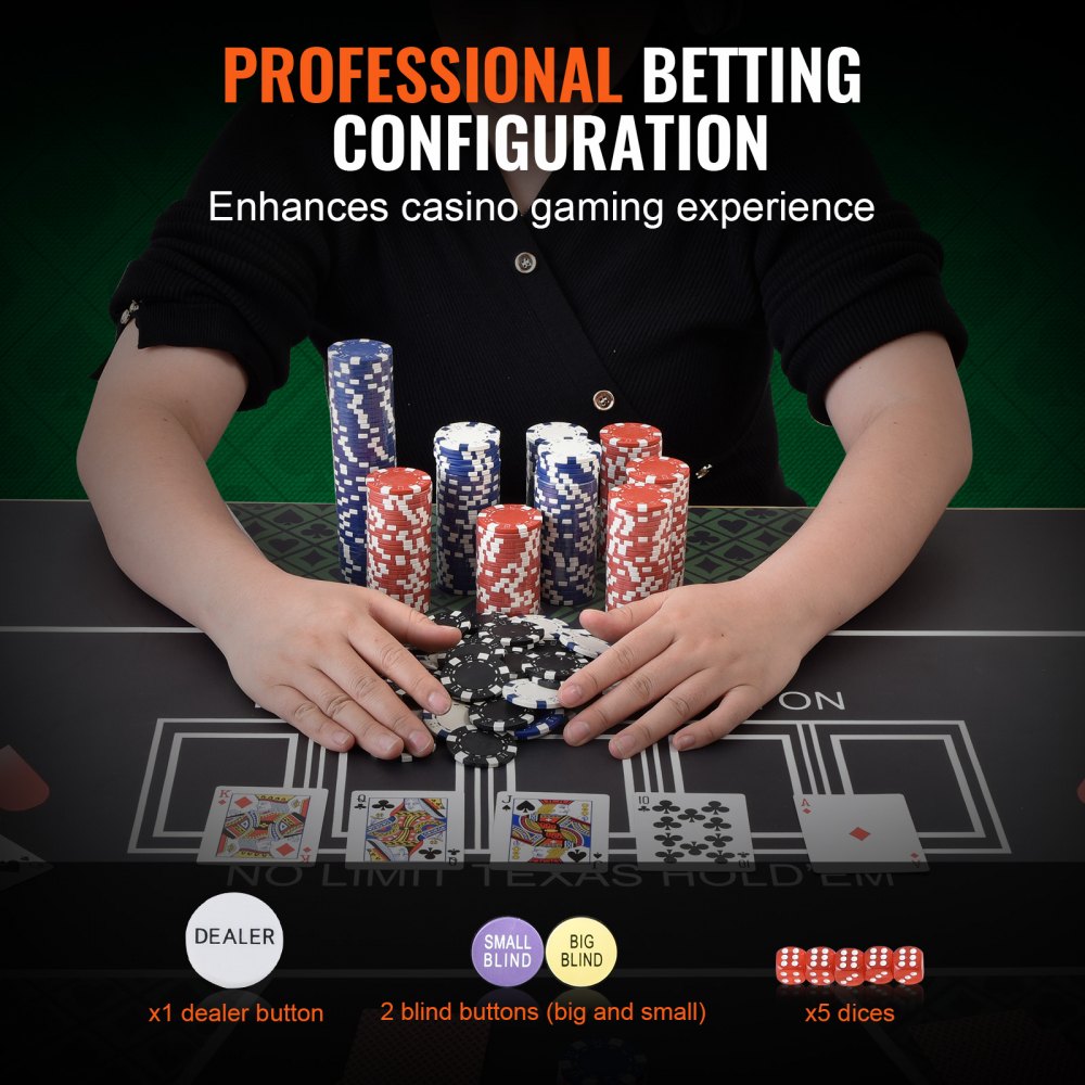 VEVOR Pokerchipset, 500-delige pokerset, ongemarkeerd, pokerspelset met aluminium pokerkoffer, kaarten, buttons en dobbelstenen, complete set voor 9-10 spelers voor Texas Hold'em, Blackjack, gokken etc.