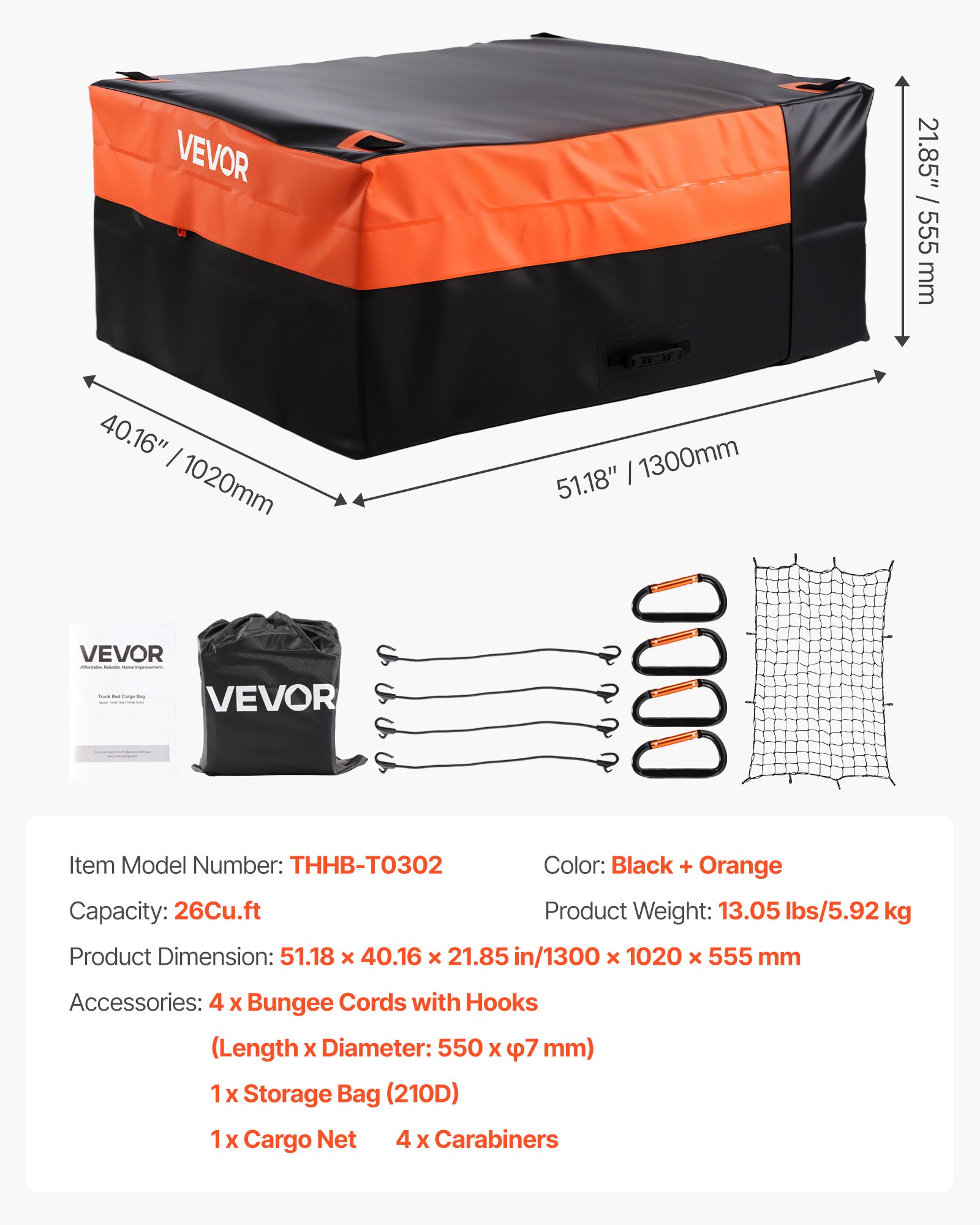 VEVOR Truck Bed Cargo Bag, Waterproof 840D PVC, 51.18 x 40.16 x 21.85 in (26 Cu. ft), Heavy Duty Cargo Bag for Truck Bed with Bungee Cords, Net and Carabiners, Fits a Variety of SUV & Pickup Trucks