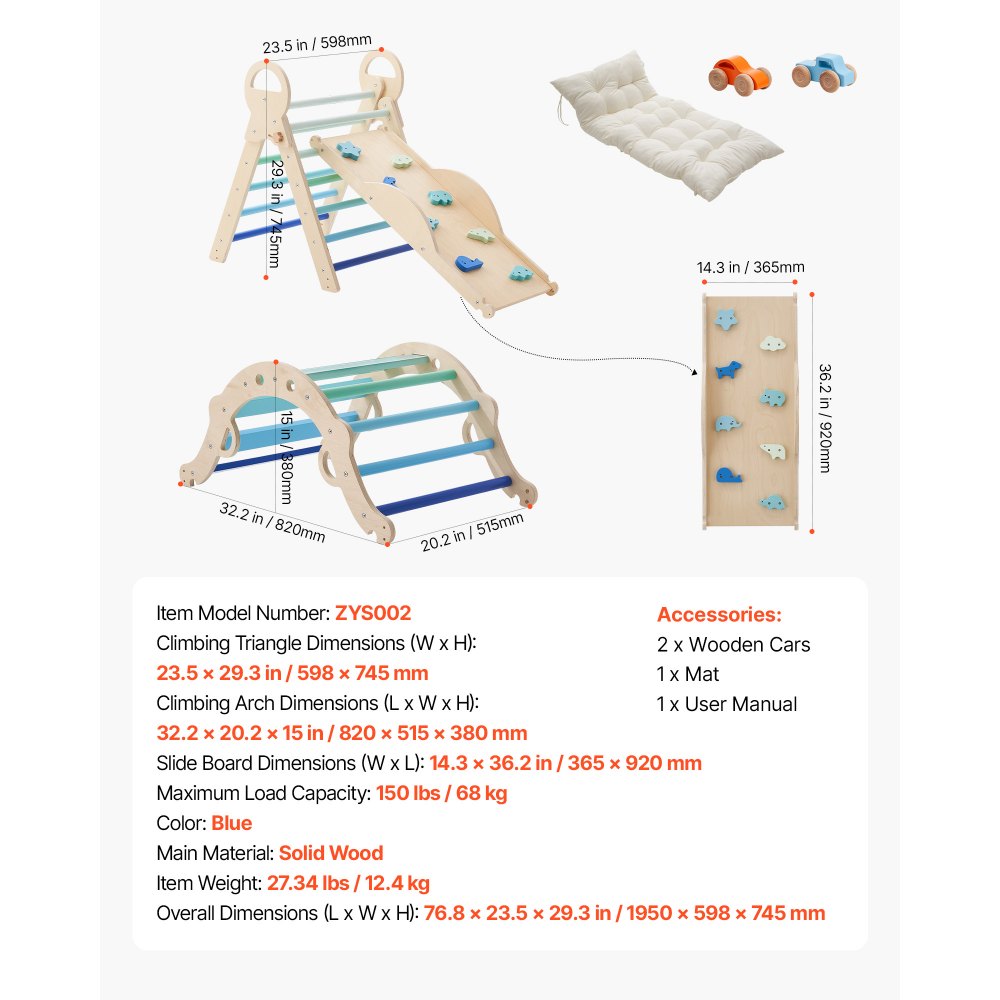 VEVOR Klimdriehoek, 9-in-1 klimspeelgoed met houten autootjes, kussen, klimdriehoek, glijbaan en klimboog, tot 68 kg, Montessori binnenspeelset voor kinderen van 1 tot 3 jaar, blauw