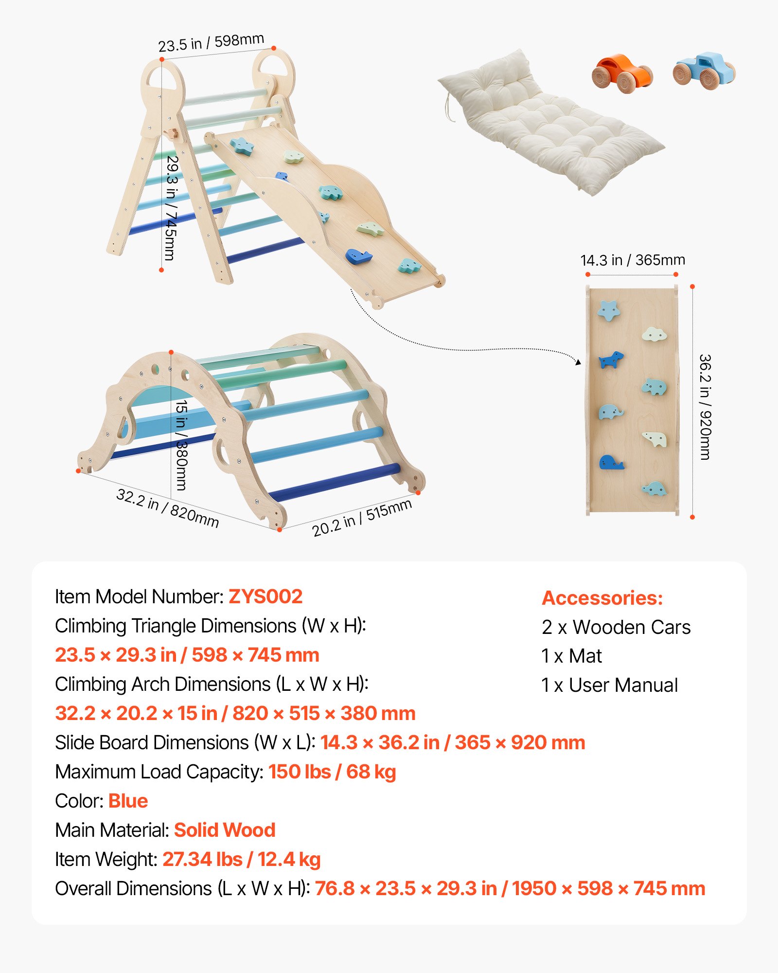 VEVOR Klimdriehoek, 9-in-1 klimspeelgoed met houten autootjes, kussen, klimdriehoek, glijbaan en klimboog, tot 68 kg, Montessori binnenspeelset voor kinderen van 1 tot 3 jaar, blauw
