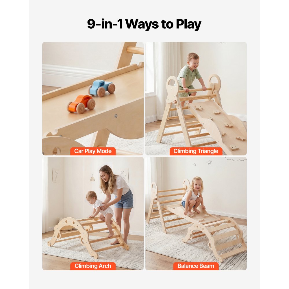 VEVOR Klimdriehoek, 9-in-1 klimspeelgoed met houten autootjes, kussen, klimdriehoek, glijbaan en klimboog, draagvermogen tot 68 kg, Montessori binnenspeelset voor kinderen van 1 tot 3 jaar.