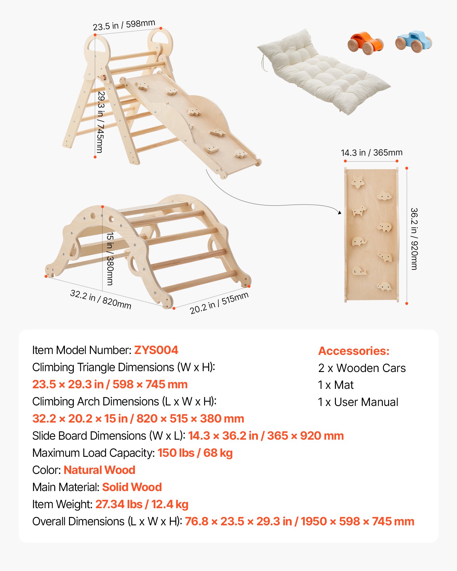 VEVOR Klimdriehoek, 9-in-1 klimspeelgoed met houten autootjes, kussen, klimdriehoek, glijbaan en klimboog, draagvermogen tot 68 kg, Montessori binnenspeelset voor kinderen van 1 tot 3 jaar.