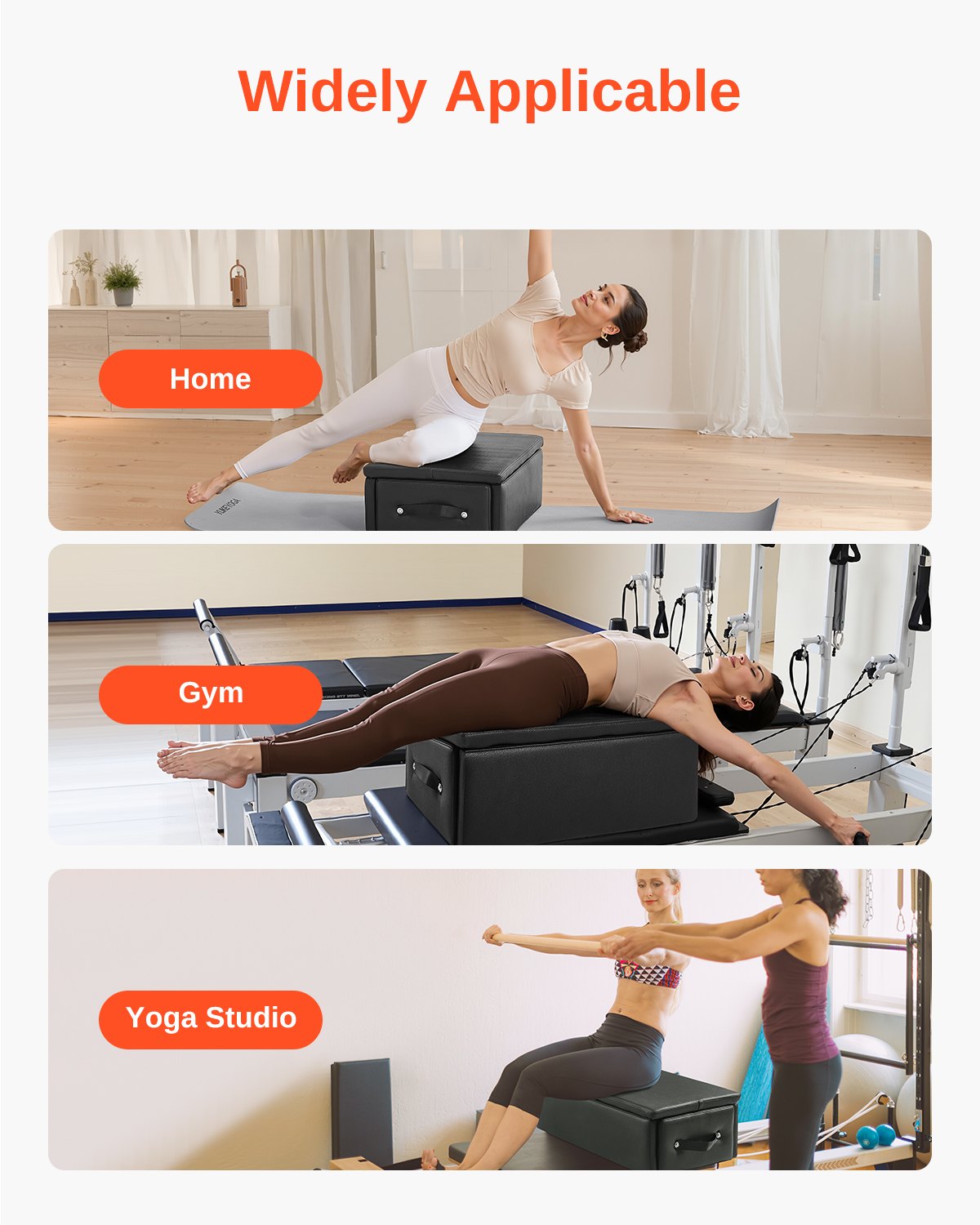 VEVOR Pilates Box for Reformer, 25x17x9 In Pilates Reformers Sitting Box for Exercises, Premium PU and Wood Pilates Equipment Accessory, Improve Strength, Balance, Range of Motion Home Gym, Black