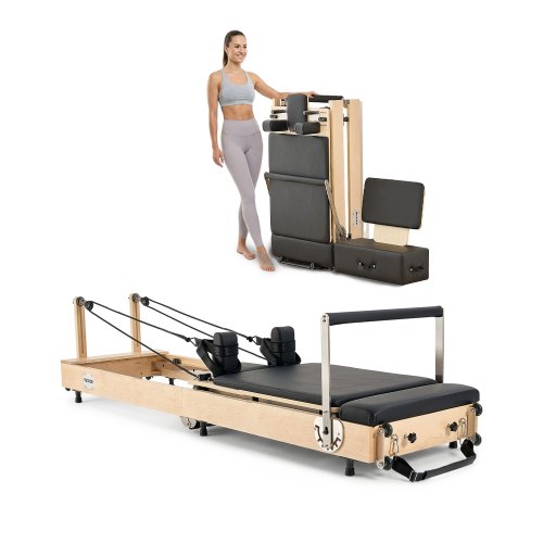 VEVOR Opvouwbare Pilates Reformer Trainingsapparatuur van hout voor gebruik in de sportschool thuis, Pilatesbed met dubbele weerstand - veer en koord, apparatuur met zitkist, tot 181,44 kg